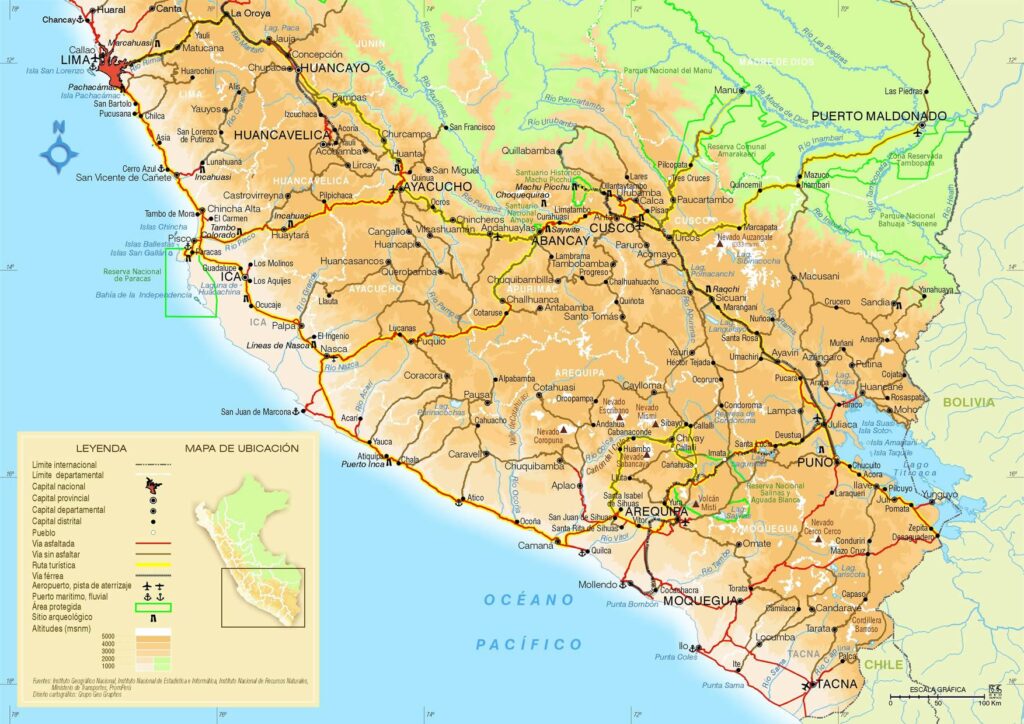 Map of Peru travel itinerary with Lima, Cusco, Arequipa, Lake Titicaca, and Machu Picchu marked