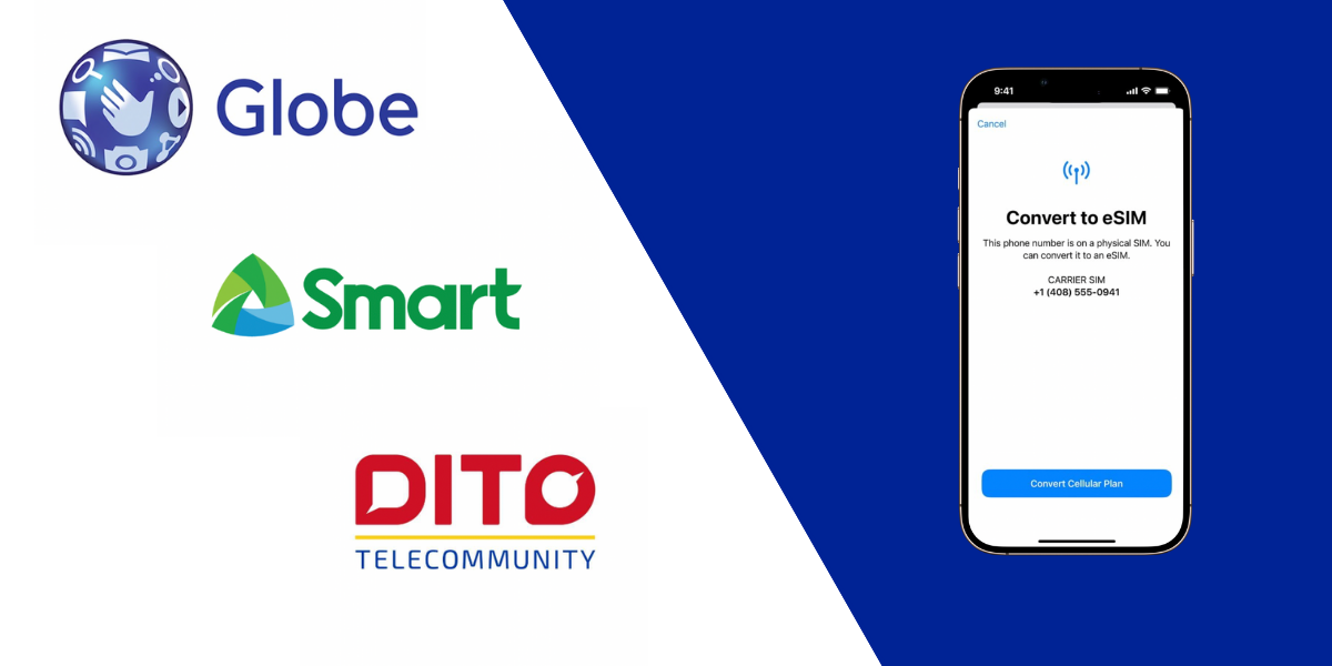 Logos of Globe, Smart, and DITO next to a phone screen showing eSIM conversion setup.