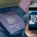 Philippine passport next to phone displaying Smart eSIM QR code with Gohub logo.