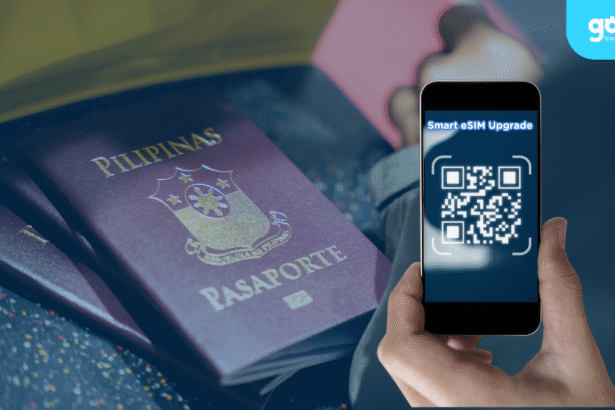 Philippine passport next to phone displaying Smart eSIM QR code with Gohub logo.