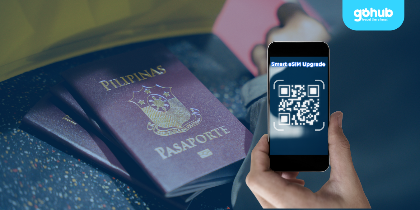 Philippine passport next to phone displaying Smart eSIM QR code with Gohub logo.