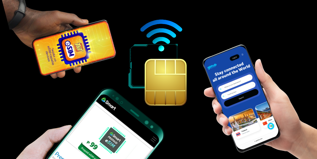 Visual comparison of TNT, Smart, and Gohub eSIM services shown on smartphones, centered around a digital SIM icon.