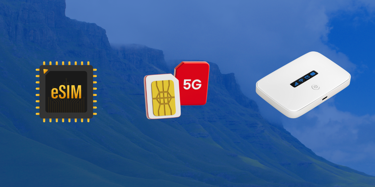 isual comparison of internet options in Lesotho: eSIM, local SIM card, and pocket WiFi device.